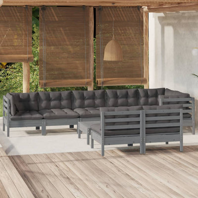 9 Piece Garden Lounge Set with Cushions Grey Solid Pinewood