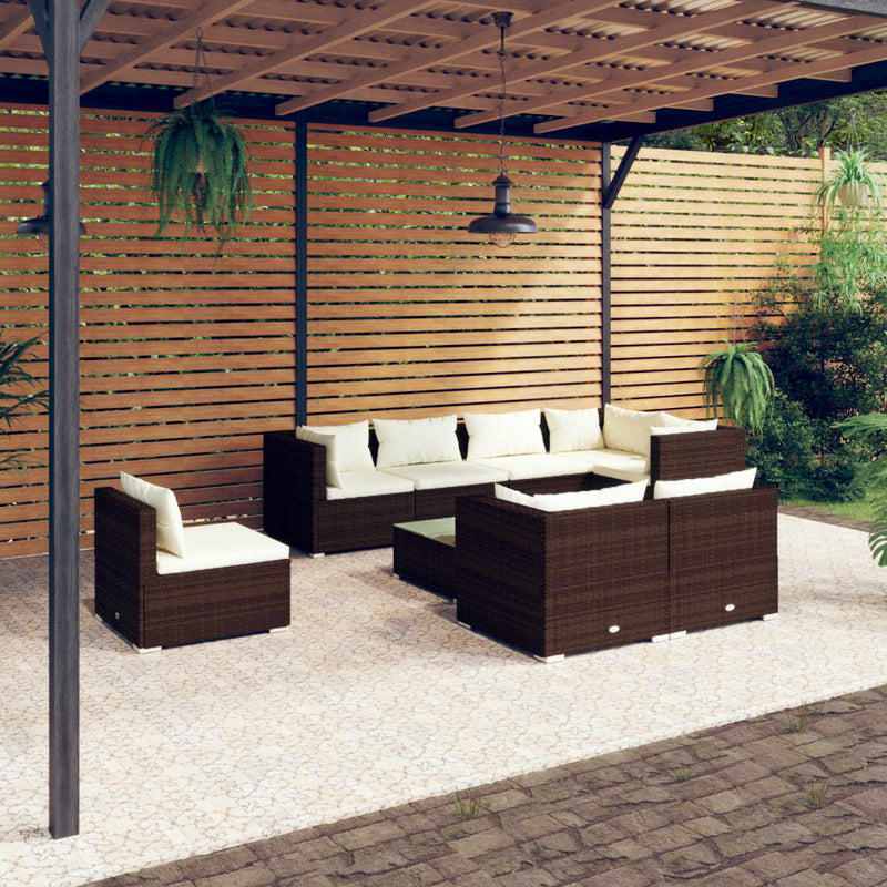 9 Piece Garden Lounge Set with Cushions Poly Rattan Brown Payday Deals