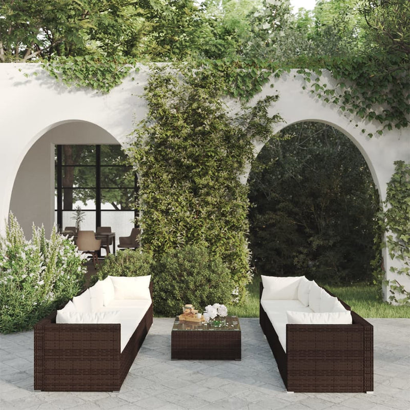 9 Piece Garden Lounge Set with Cushions Poly Rattan Brown Payday Deals
