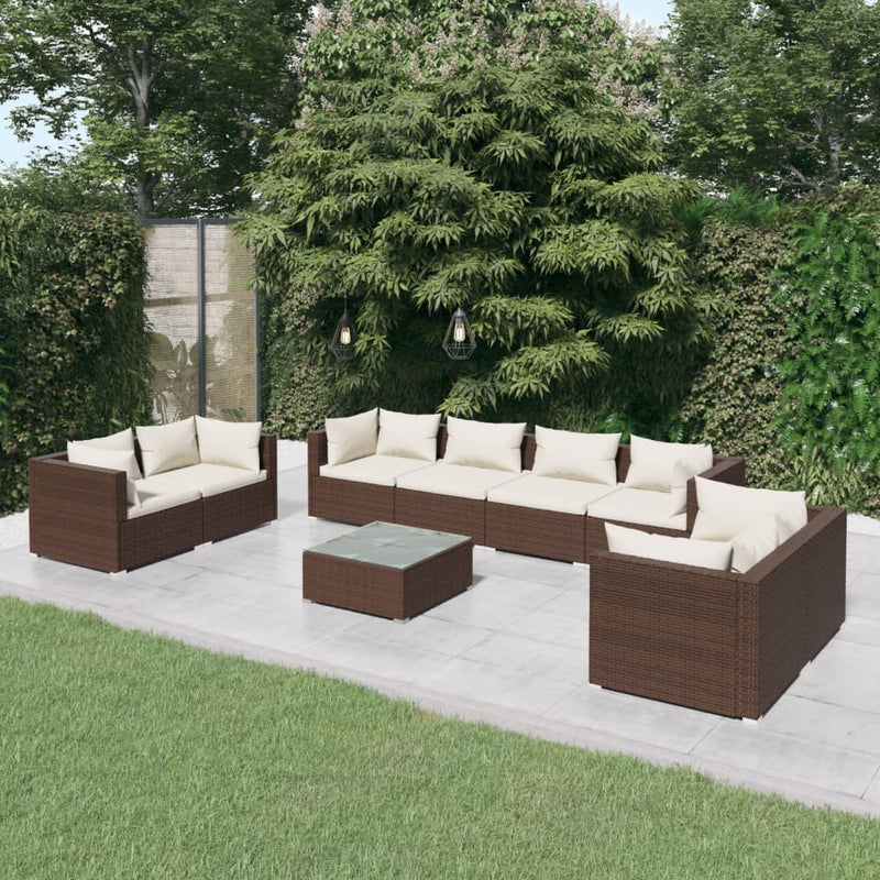 9 Piece Garden Lounge Set with Cushions Poly Rattan Brown Payday Deals