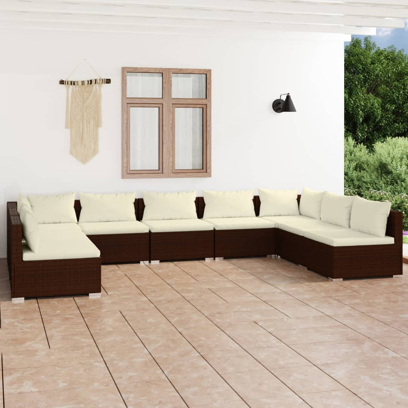 9 Piece Garden Lounge Set with Cushions Poly Rattan Brown Payday Deals