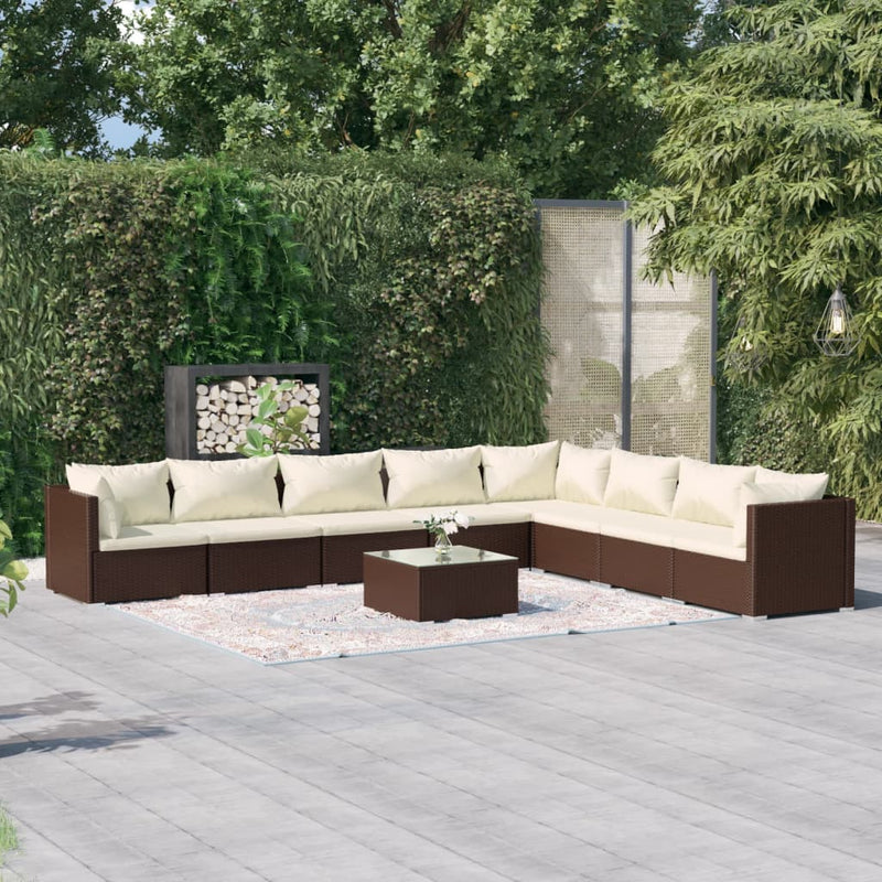 9 Piece Garden Lounge Set with Cushions Poly Rattan Brown Payday Deals