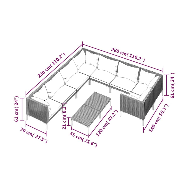 9 Piece Garden Lounge Set with Cushions Poly Rattan Dark Grey Payday Deals