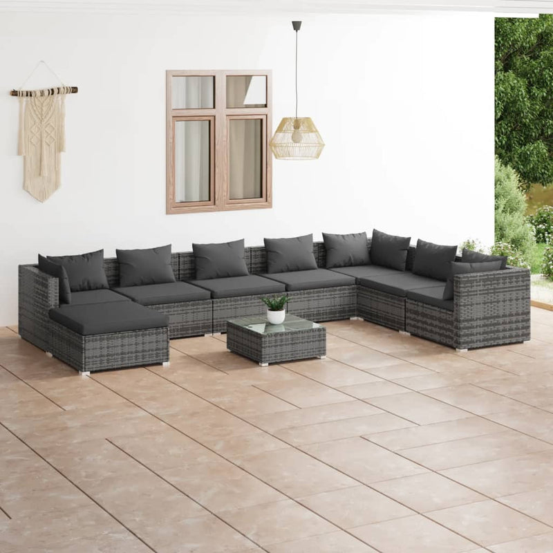 9 Piece Garden Lounge Set with Cushions Poly Rattan Grey Payday Deals