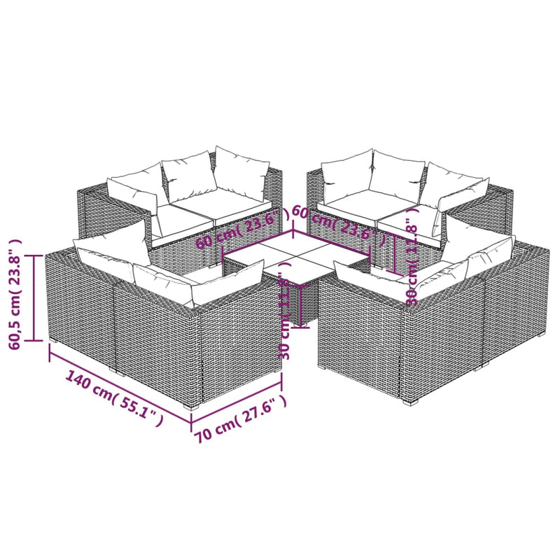 9 Piece Garden Lounge Set with Cushions Poly Rattan Grey Payday Deals
