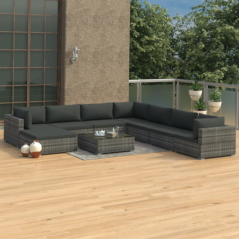 9 Piece Garden Lounge Set with Cushions Poly Rattan Grey Payday Deals