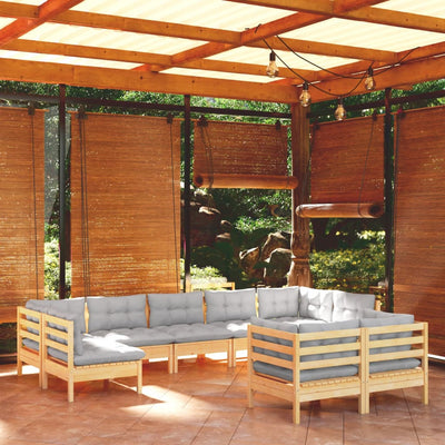 9 Piece Garden Lounge Set with Grey Cushions Solid Pinewood Payday Deals