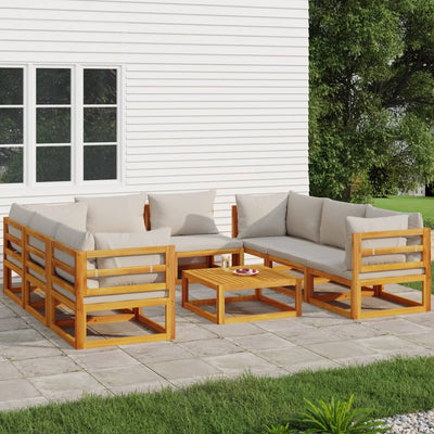 9 Piece Garden Lounge Set with Light Grey Cushions Solid Wood