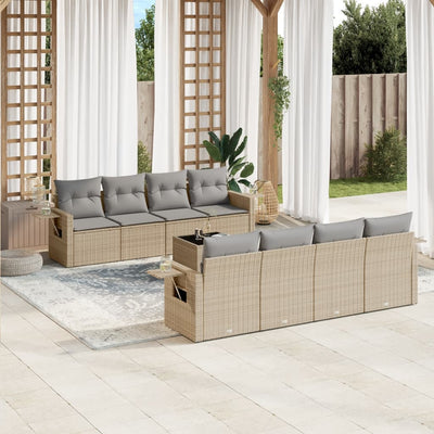 9 Piece Garden Sofa Set with Cushions Beige Poly Rattan