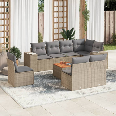 9 Piece Garden Sofa Set with Cushions Beige Poly Rattan