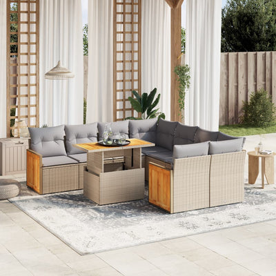 9 Piece Garden Sofa Set with Cushions Beige Poly Rattan