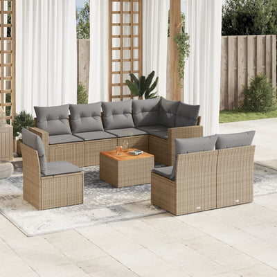 9 Piece Garden Sofa Set with Cushions Beige Poly Rattan