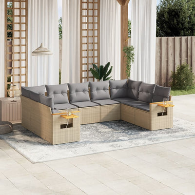 9 Piece Garden Sofa Set with Cushions Beige Poly Rattan