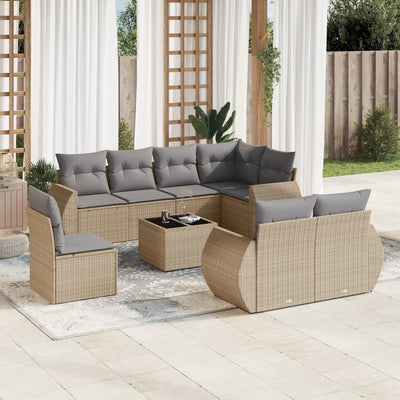 9 Piece Garden Sofa Set with Cushions Beige Poly Rattan