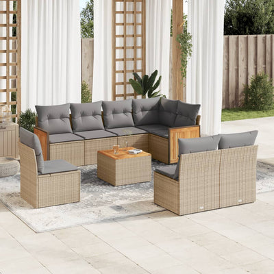 9 Piece Garden Sofa Set with Cushions Beige Poly Rattan