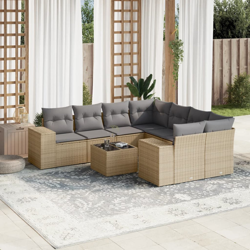 9 Piece Garden Sofa Set with Cushions Beige Poly Rattan Payday Deals