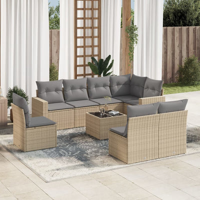 9 Piece Garden Sofa Set with Cushions Beige Poly Rattan