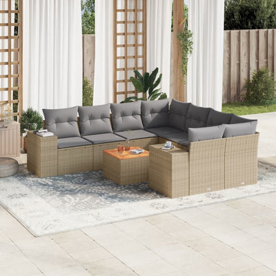 9 Piece Garden Sofa Set with Cushions Beige Poly Rattan