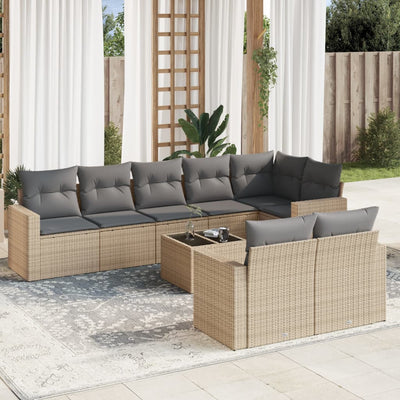 9 Piece Garden Sofa Set with Cushions Beige Poly Rattan