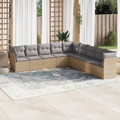 9 Piece Garden Sofa Set with Cushions Beige Poly Rattan