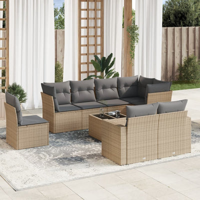 9 Piece Garden Sofa Set with Cushions Beige Poly Rattan