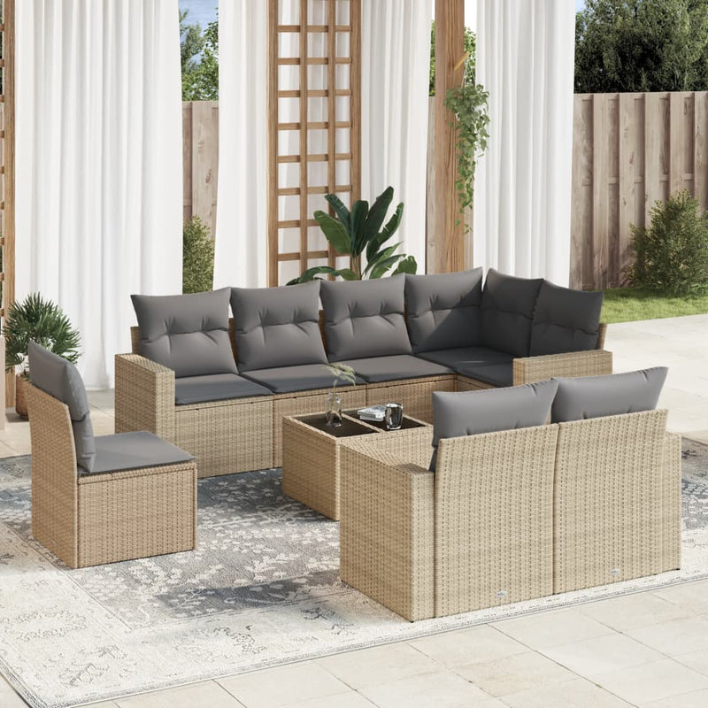 9 Piece Garden Sofa Set with Cushions Beige Poly Rattan Payday Deals