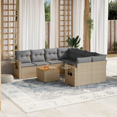 9 Piece Garden Sofa Set with Cushions Beige Poly Rattan