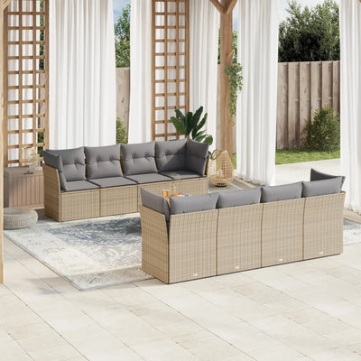 9 Piece Garden Sofa Set with Cushions Beige Poly Rattan