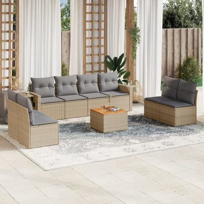 9 Piece Garden Sofa Set with Cushions Beige Poly Rattan