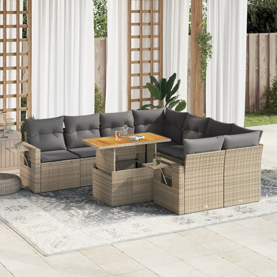 9 Piece Garden Sofa Set with Cushions Beige Poly Rattan