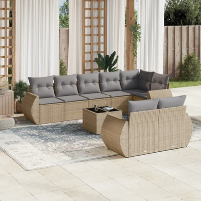 9 Piece Garden Sofa Set with Cushions Beige Poly Rattan