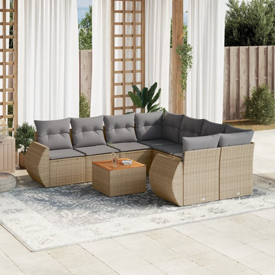 9 Piece Garden Sofa Set with Cushions Beige Poly Rattan