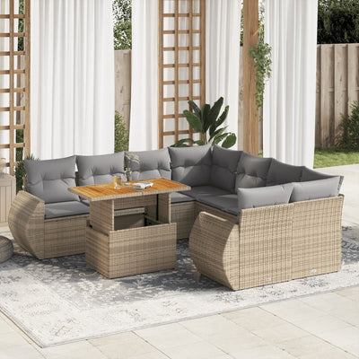 9 Piece Garden Sofa Set with Cushions Beige Poly Rattan