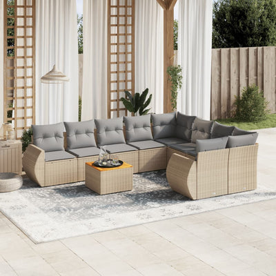 9 Piece Garden Sofa Set with Cushions Beige Poly Rattan