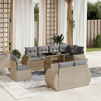 9 Piece Garden Sofa Set with Cushions Beige Poly Rattan