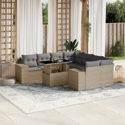 9 Piece Garden Sofa Set with Cushions Beige Poly Rattan