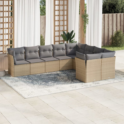 9 Piece Garden Sofa Set with Cushions Beige Poly Rattan