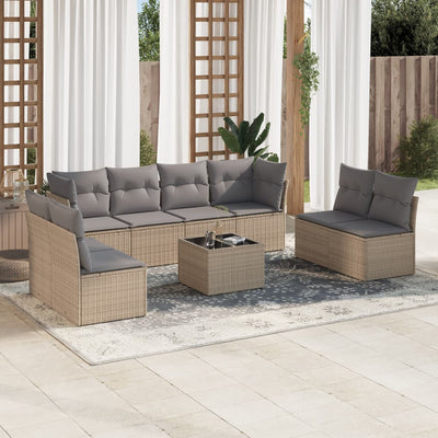 9 Piece Garden Sofa Set with Cushions Beige Poly Rattan