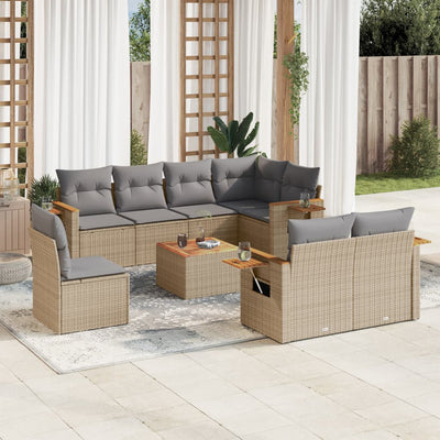 9 Piece Garden Sofa Set with Cushions Beige Poly Rattan