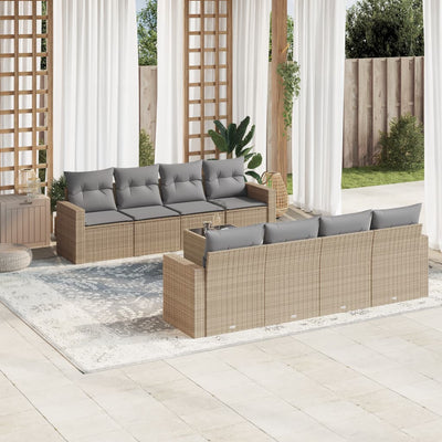 9 Piece Garden Sofa Set with Cushions Beige Poly Rattan