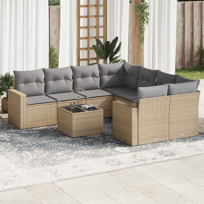 9 Piece Garden Sofa Set with Cushions Beige Poly Rattan