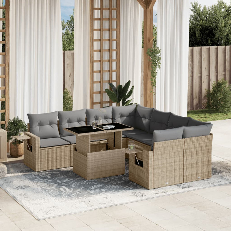 9 Piece Garden Sofa Set with Cushions Beige Poly Rattan Payday Deals