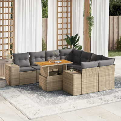 9 Piece Garden Sofa Set with Cushions Beige Poly Rattan