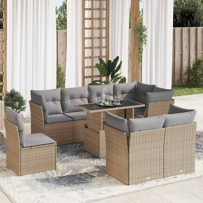 9 Piece Garden Sofa Set with Cushions Beige Poly Rattan Payday Deals