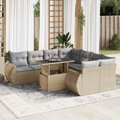 9 Piece Garden Sofa Set with Cushions Beige Poly Rattan