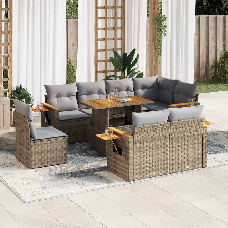9 Piece Garden Sofa Set with Cushions Beige Poly Rattan Acacia Payday Deals