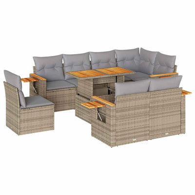 9 Piece Garden Sofa Set with Cushions Beige Poly Rattan Acacia Payday Deals