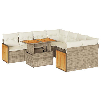 9 Piece Garden Sofa Set with Cushions Beige Poly Rattan Acacia Payday Deals