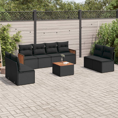 9 Piece Garden Sofa Set with Cushions Black Poly Rattan