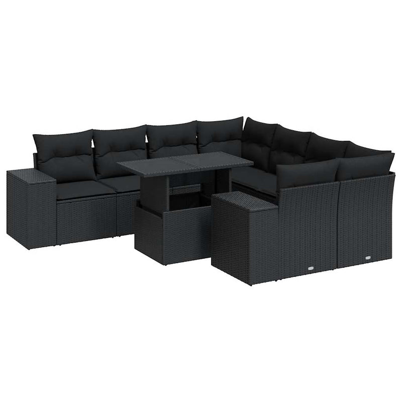 9 Piece Garden Sofa Set with Cushions Black Poly Rattan Payday Deals